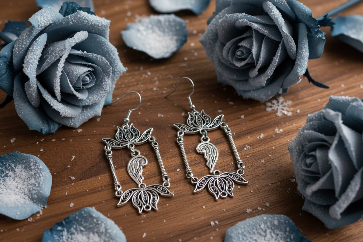 Lotus Flower Connector Earrings with Angel Wing Charms