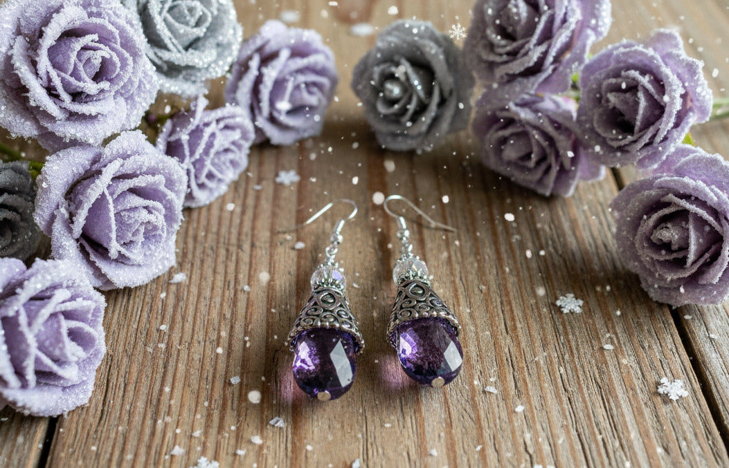Light-Reflecting Lilac/Teal Teardrop Prisms with Tibetan Silver Skirt Beadcaps