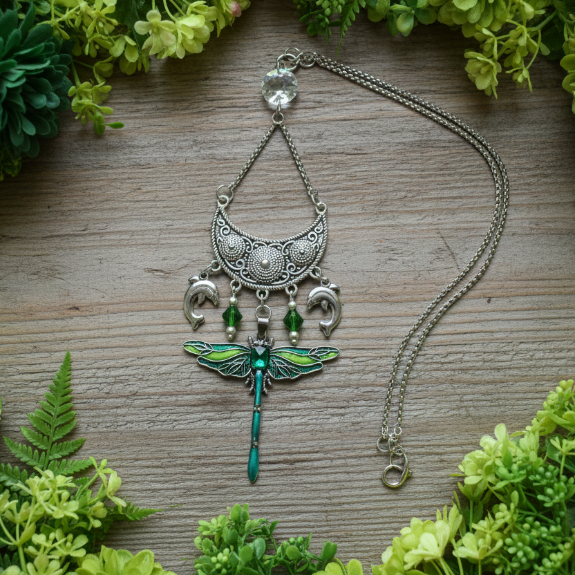 Emerald/Olive Green Dragonfly Pendant Necklace