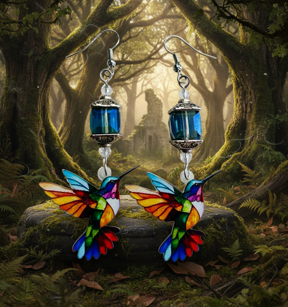 Acrylic Hummingbird Charm Earrings with Crystal Passion Crystal Beads