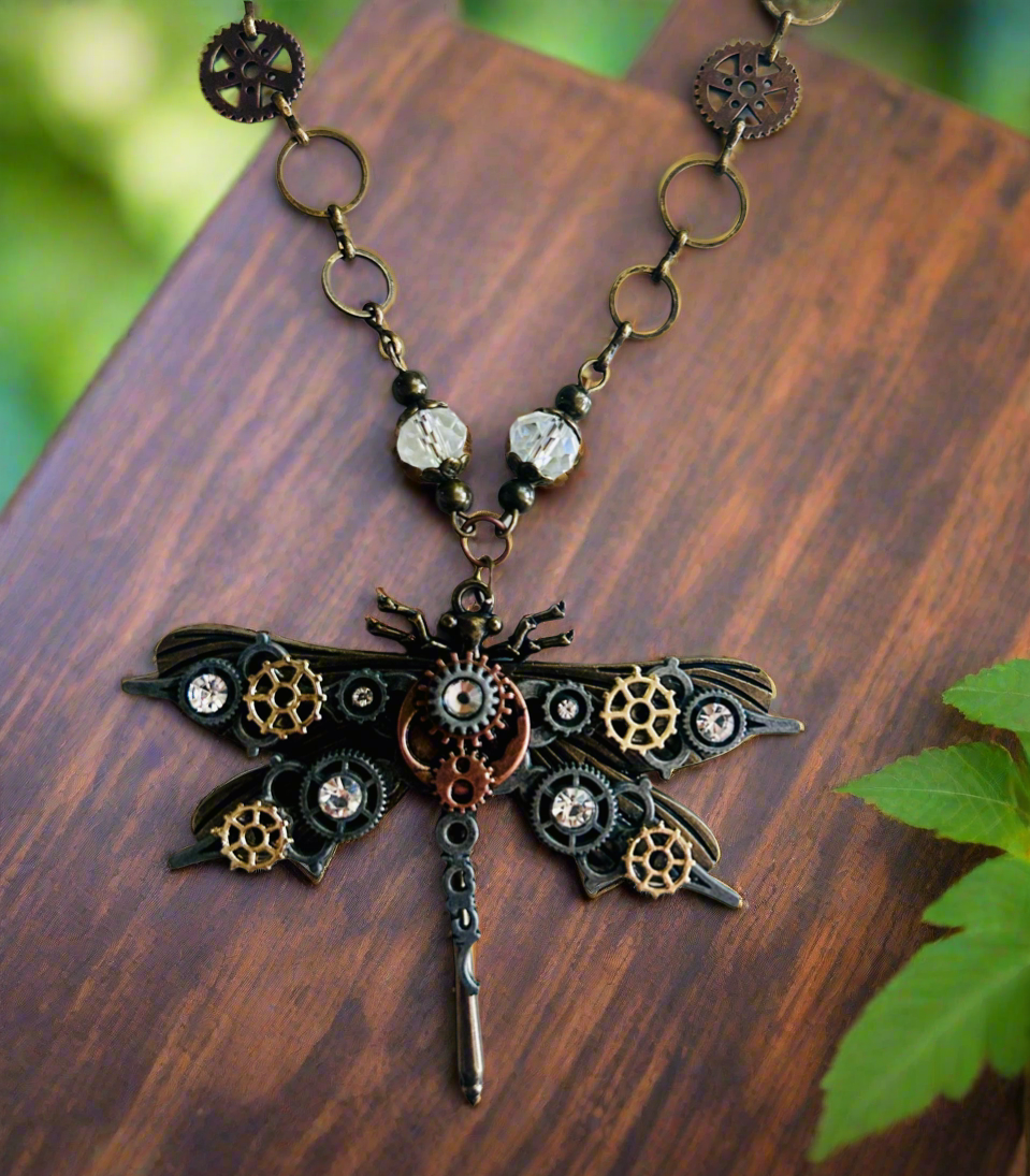 Steampunk Dragonfly Necklace with Vintage Czech Crystal Beads