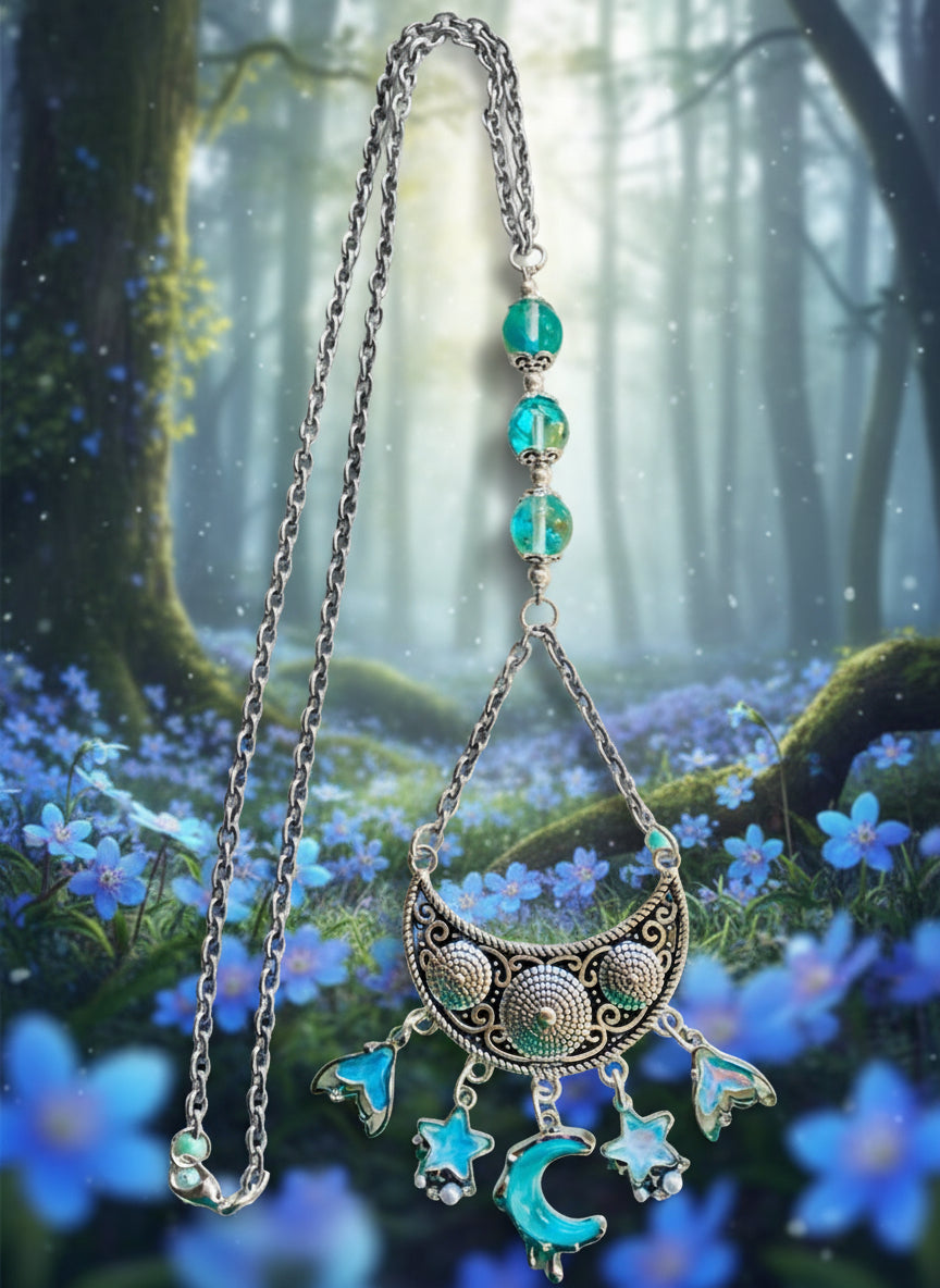 Rhinestone Charm Necklace with Mermaid Glass Beads