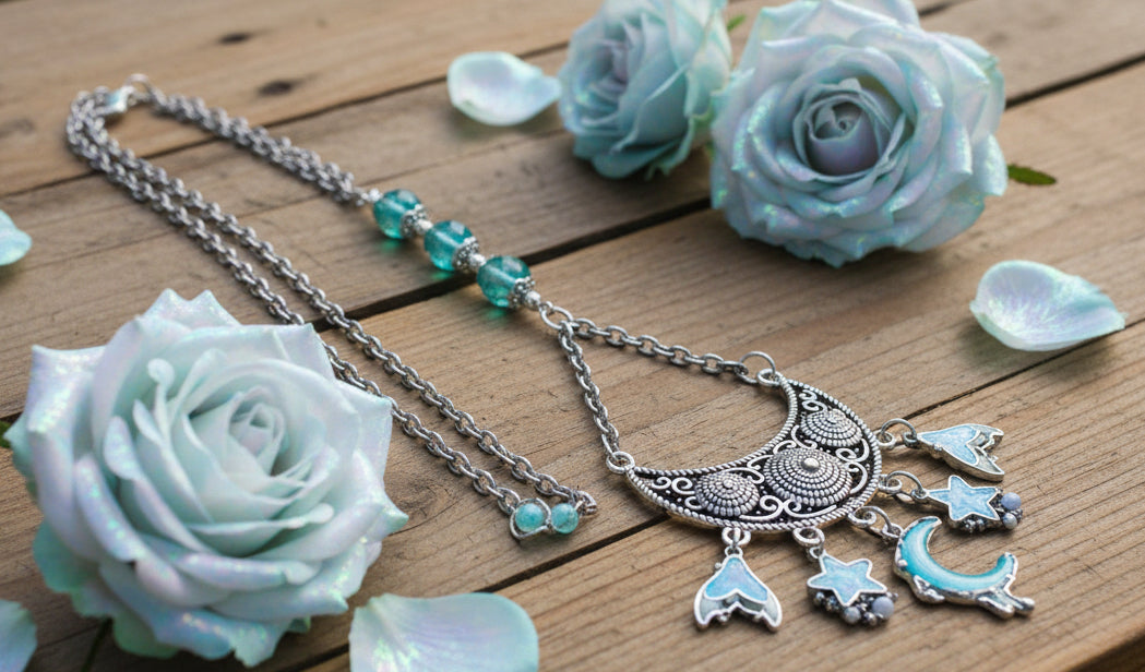 Rhinestone Charm Necklace with Mermaid Glass Beads