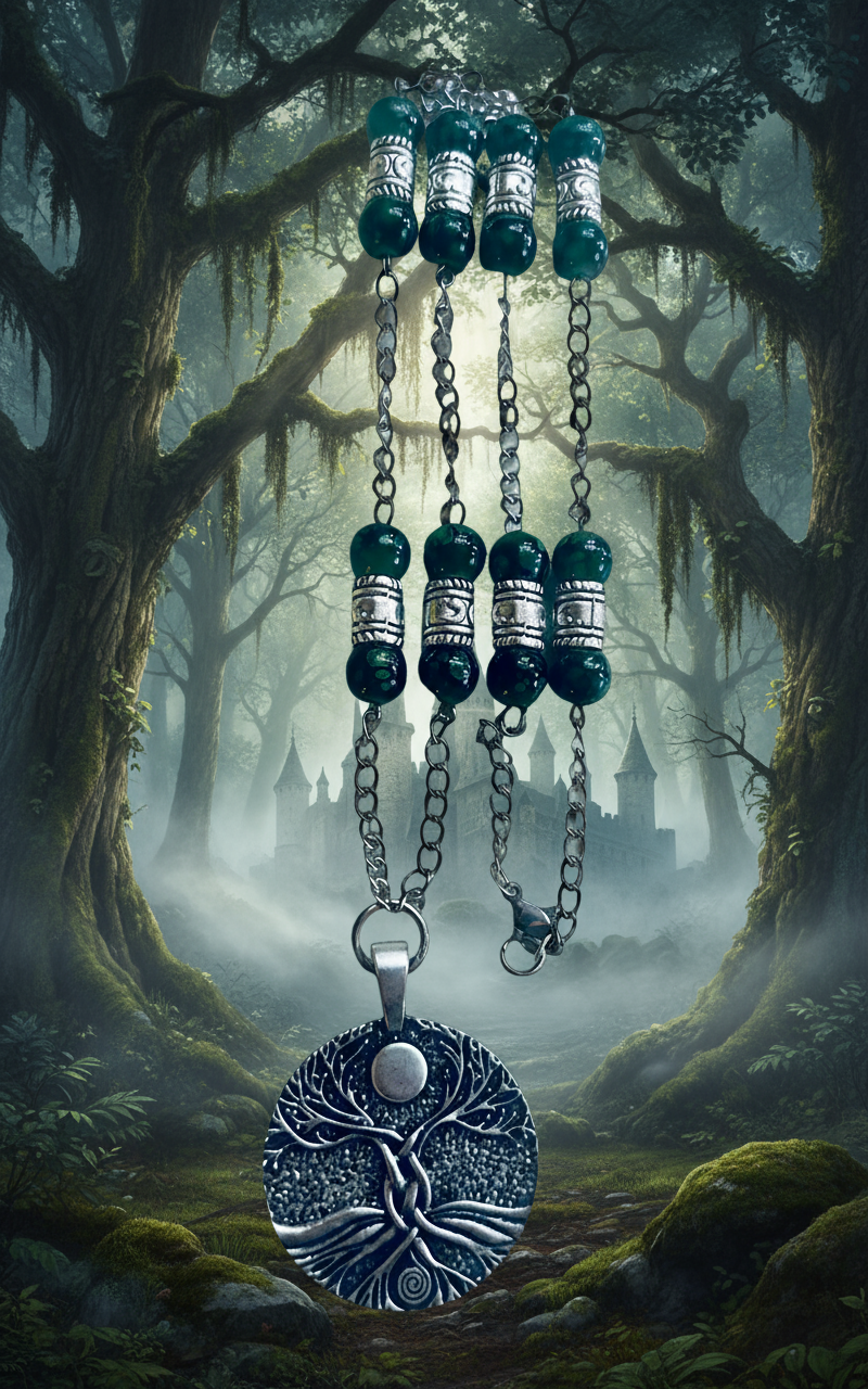 Zinc Alloy Tree of Life/Moon Pendant Necklace with Alcohol Ink Glads Beads