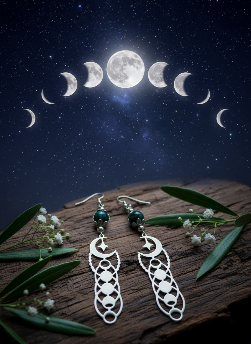 Moon Phase Charm Earrings with Alcohol Ink Beads