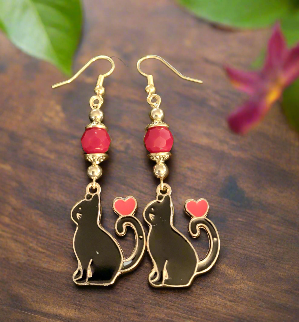 Enameled Black Cat Charm Earrings
