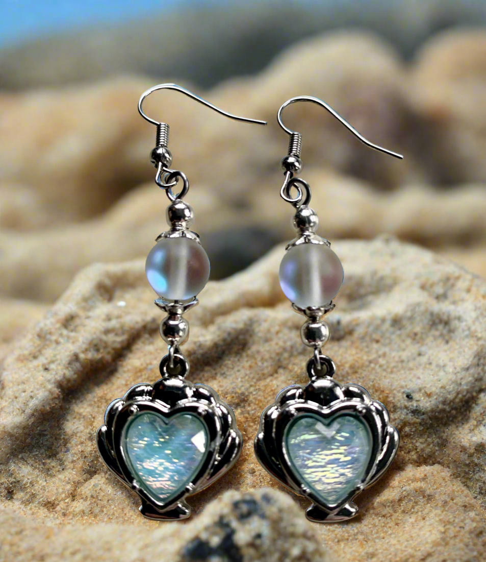 Opalite Glass Heart Earrings