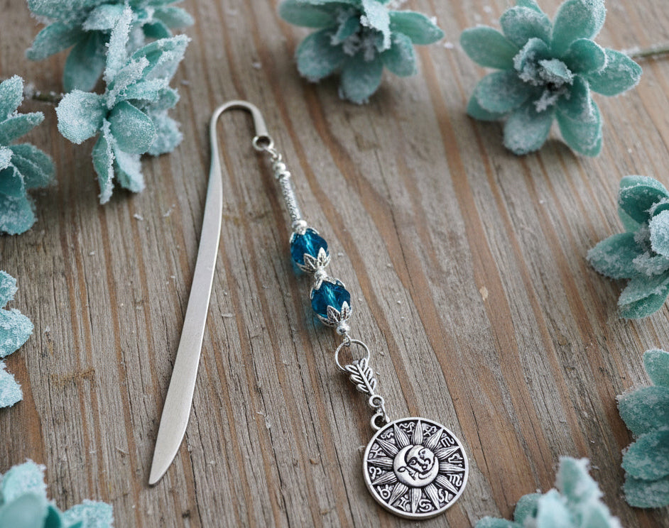Bookmark with Sun/Moon Charm & Teal Glass Beads