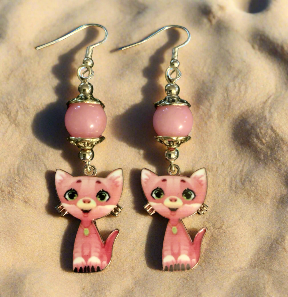 Enameled Pink/White Kitty Charm Earrings