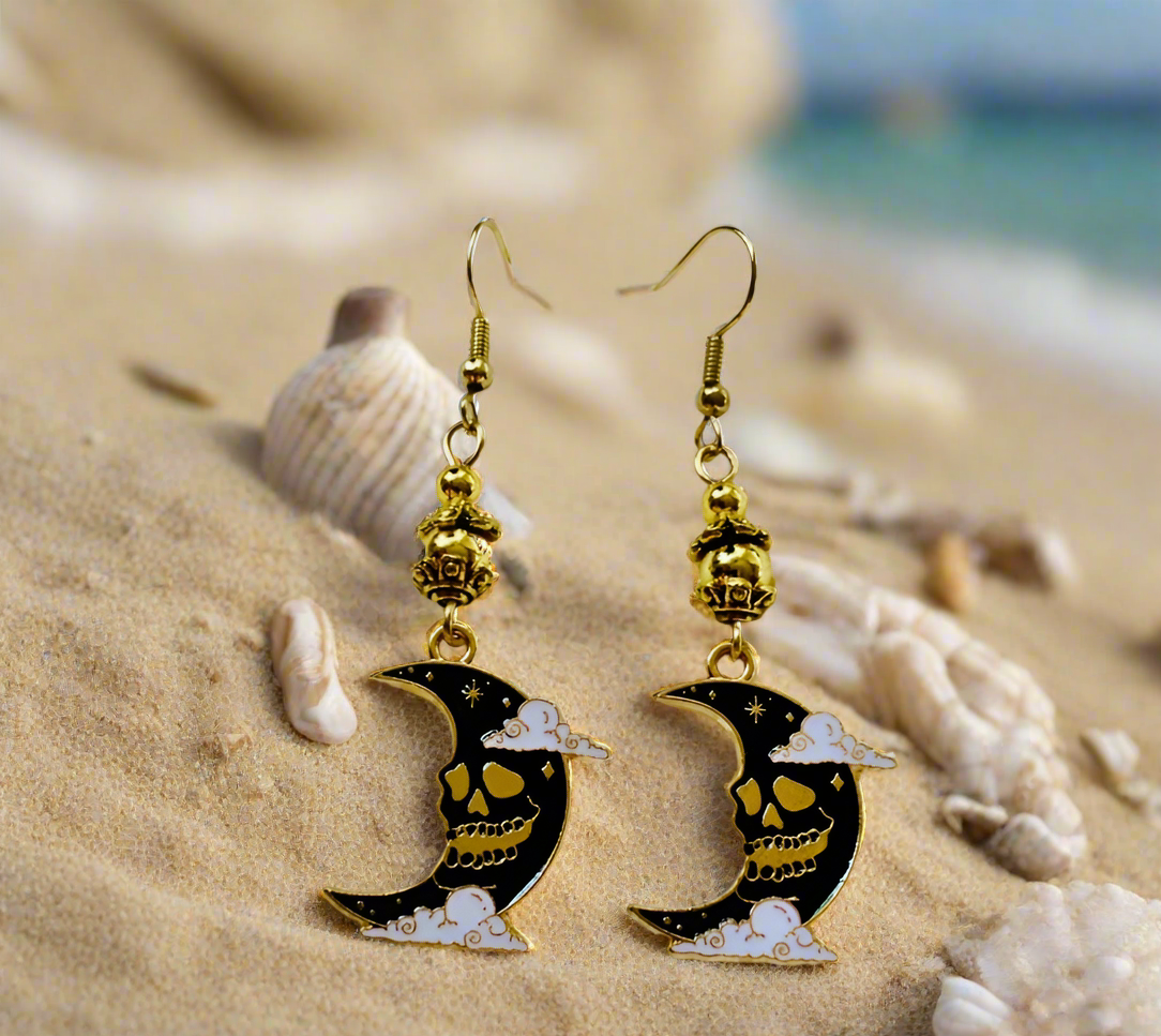 Enameled Crow & Crescent Moon Earrings