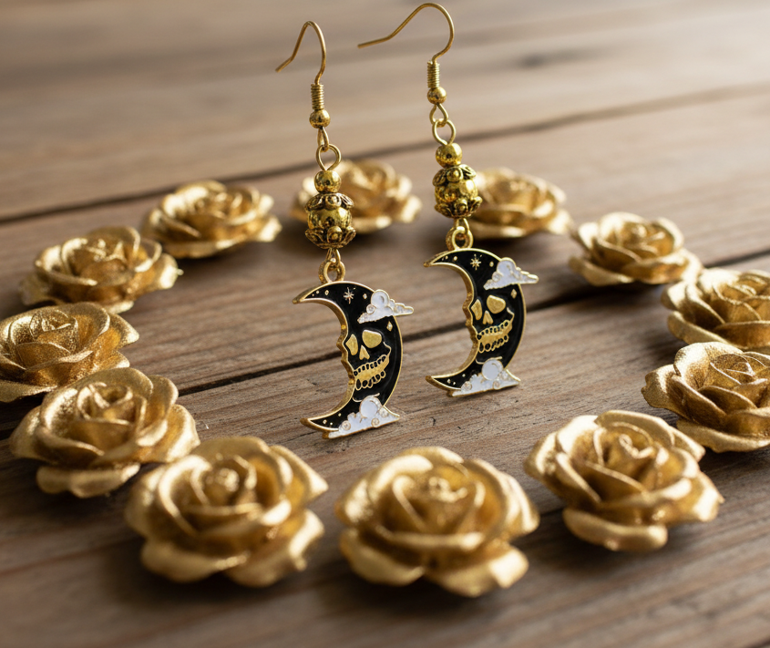 Enameled Crow & Crescent Moon Earrings