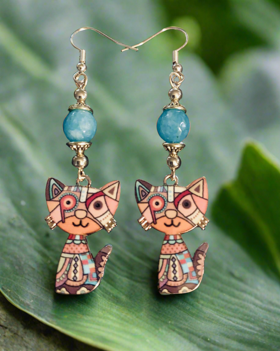 Enameled Multi-Colored Kittycat Charm Earrings