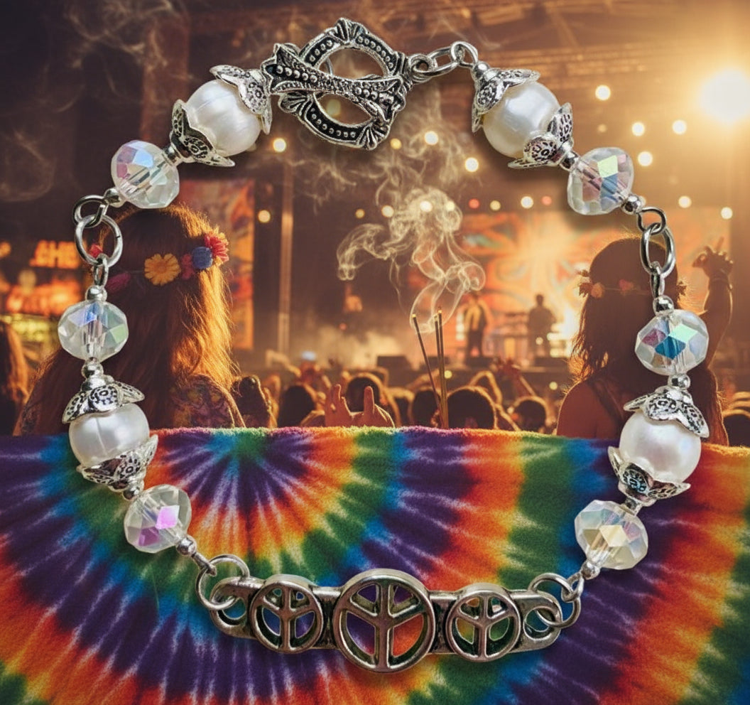 Freshwater Pearl/Czech Crystal Bead Bracelet with Peace Sign Connector