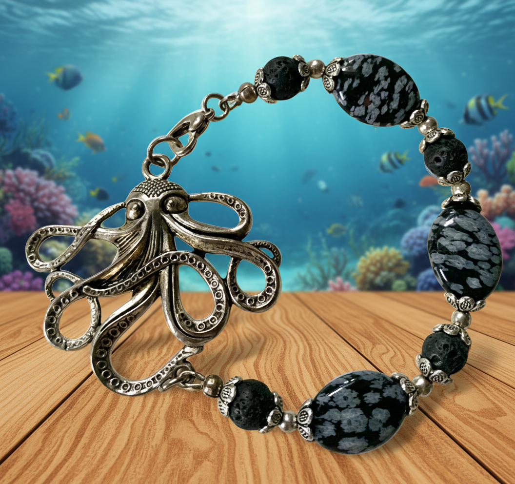 Pewter Octopus/Snowflake Obsidian Bracelet