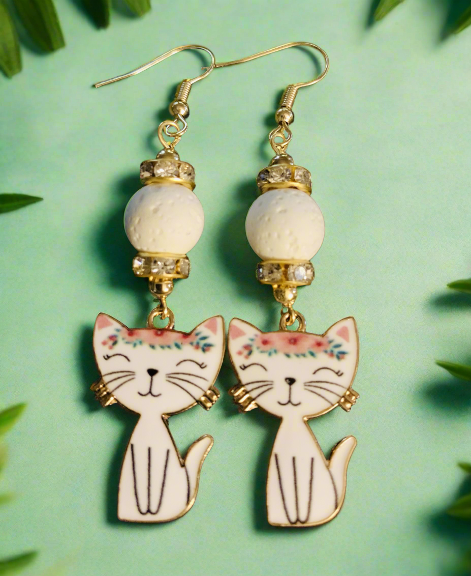 Enameled White Kittycat Charm Earrings