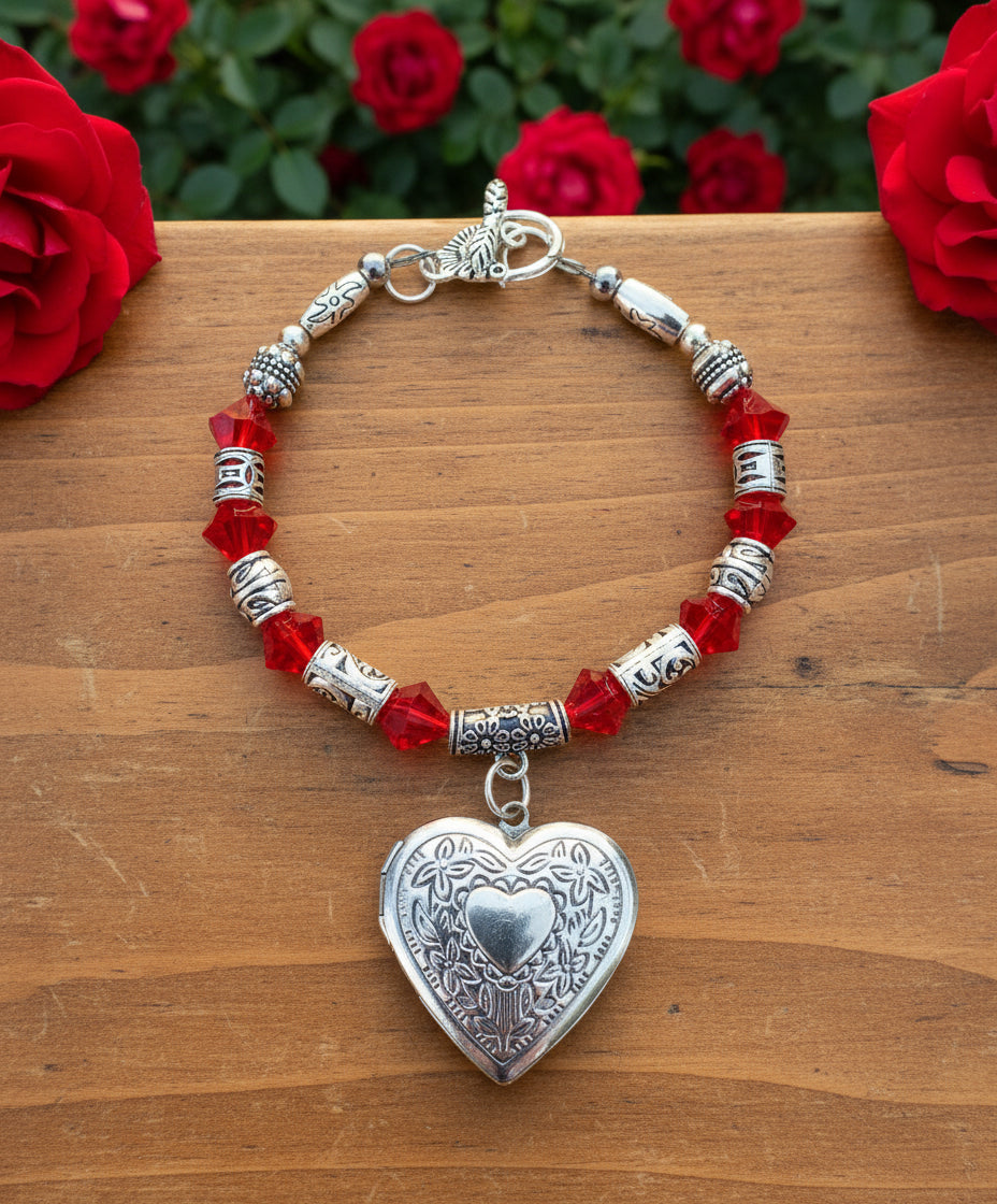 Locket Bracelet with Fire-Polished Red Beads