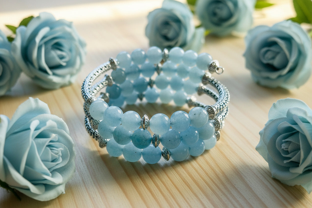 Aquamarine Gemstone Bead Wraparound Bracelet
