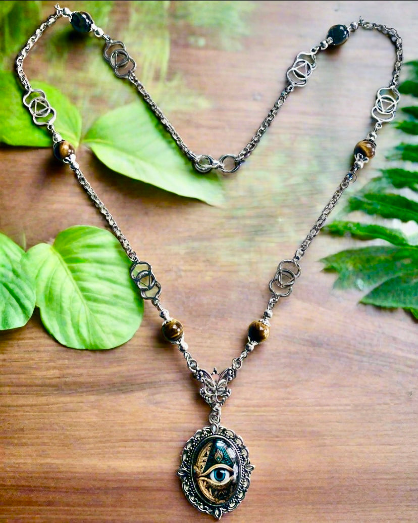 Glass Eye Pendant Necklace with Tigereye Beads/Chakra Symbol Spacers