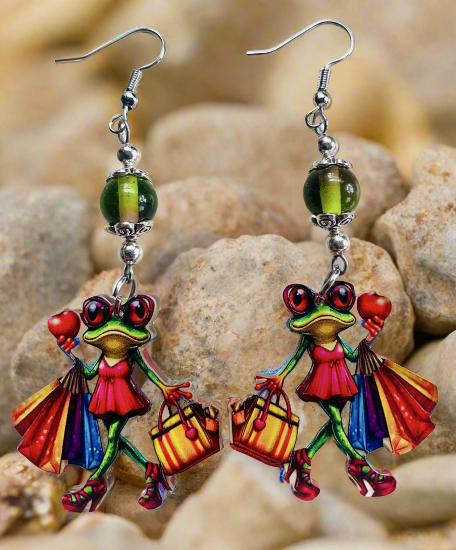 Acrylic Shopping Frog Earrings with olive