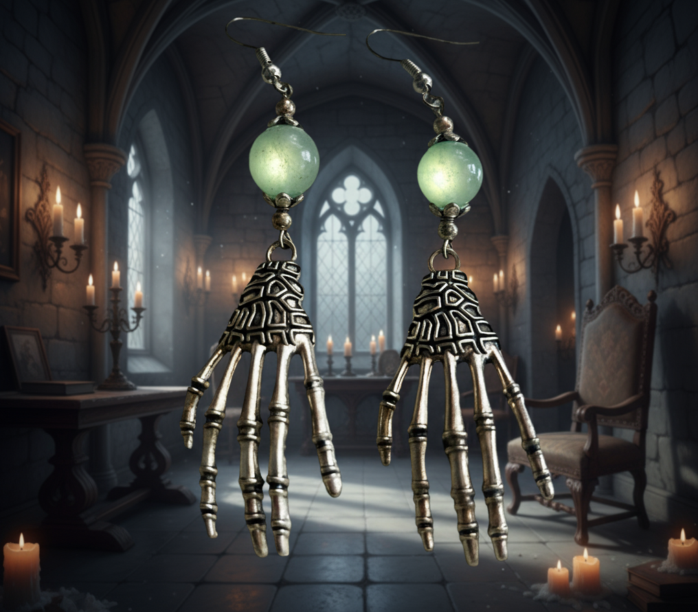 Halloween-Inspired Skeleton Hand/Aventurine Bead Earrings