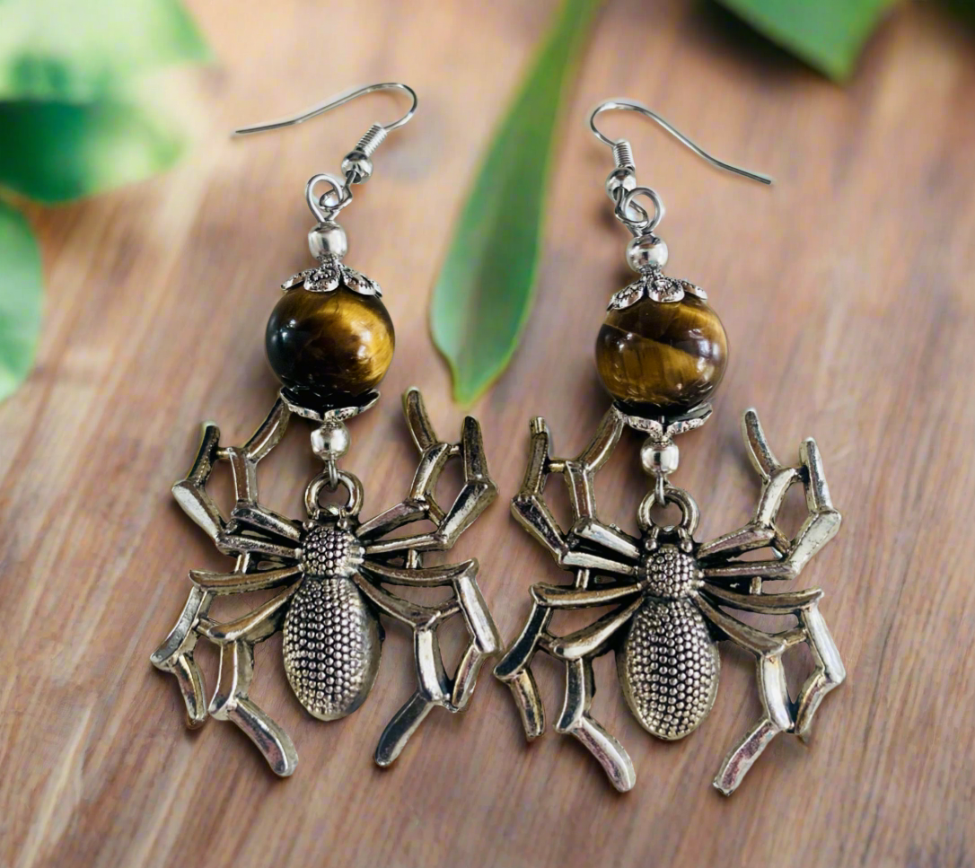 Spider Charm Earrings with Tigereye Gemstone Beads