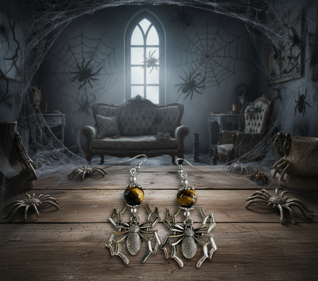 Spider Charm Earrings with Tigereye Gemstone Beads