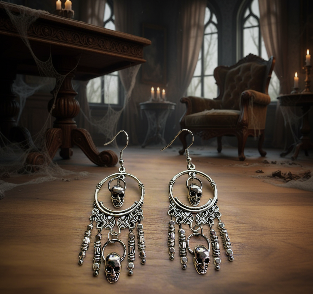 Skull Chandelier Earrings with Tibetan Silver Tube Spacers