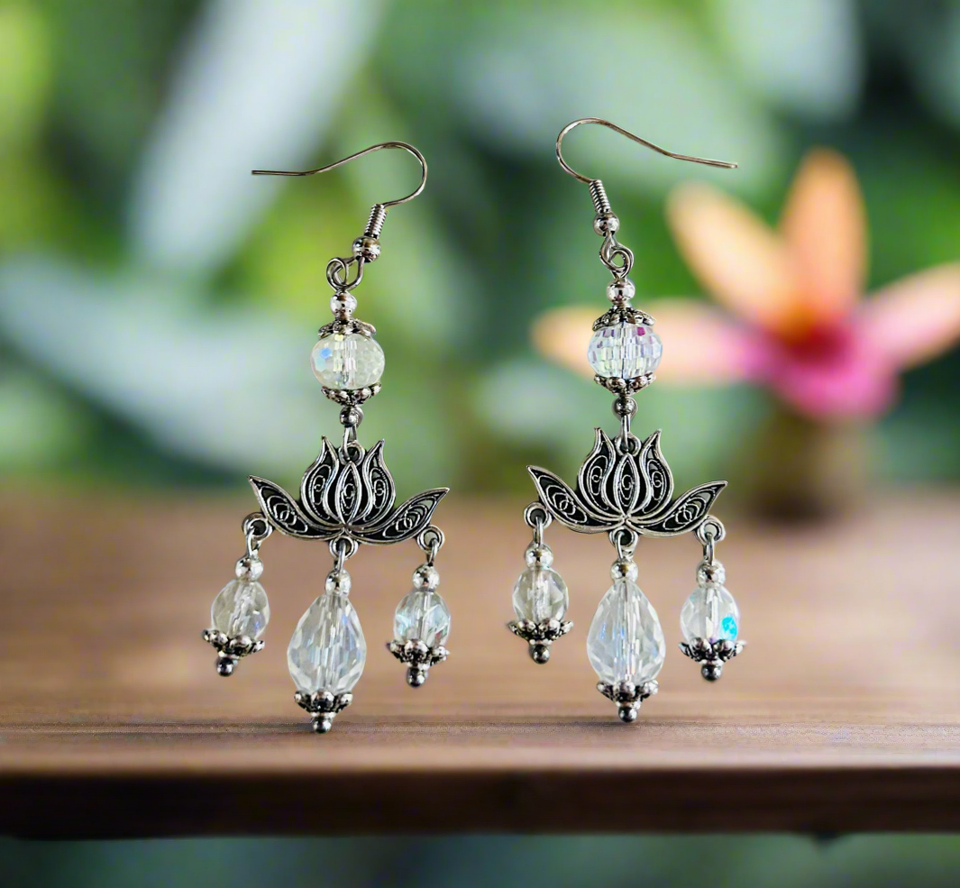 Lotus Flower Earrings with Vintage Crystal Beads
