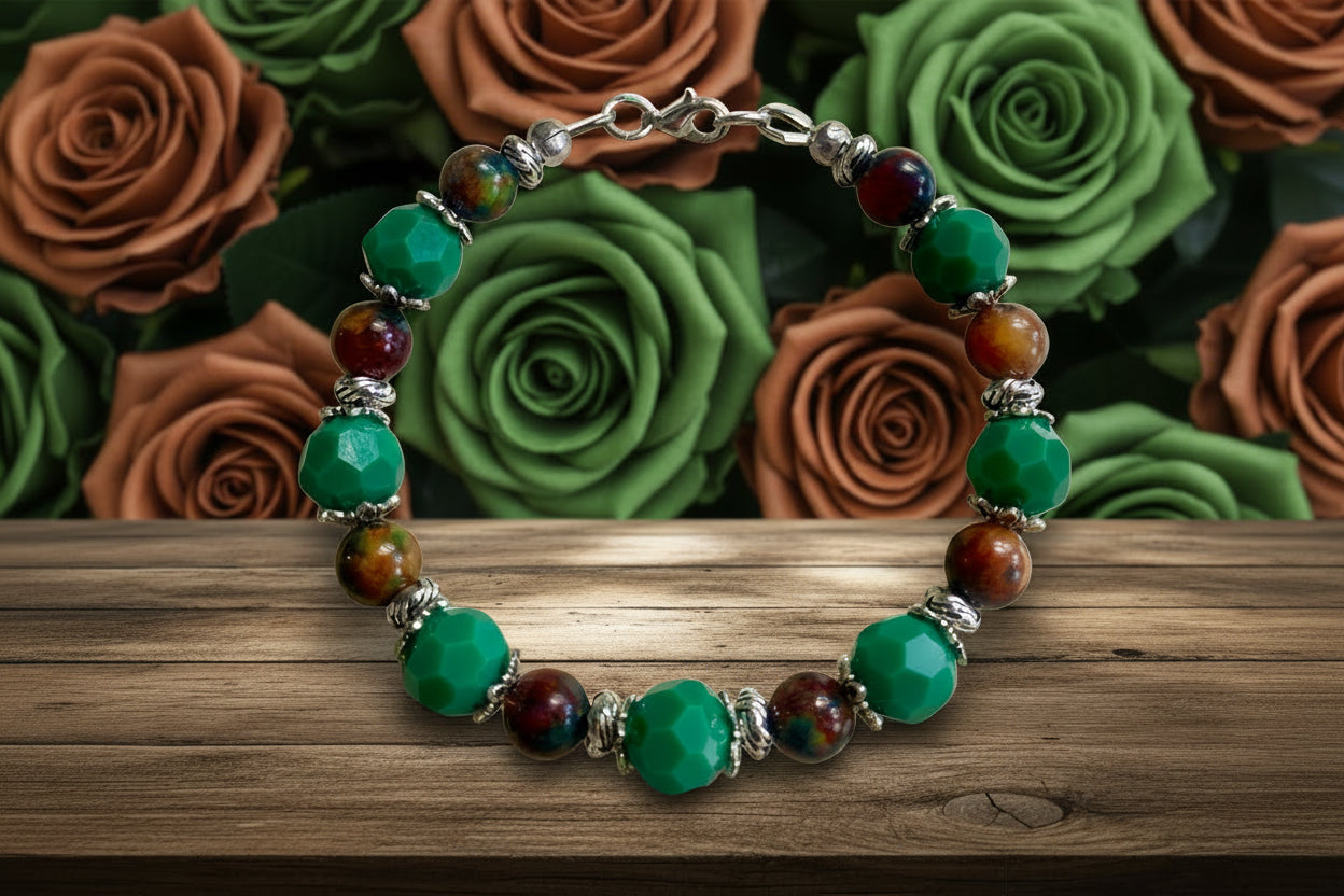 Teal Czech Glass & Ocean Jasper Stone Bead Bracelet