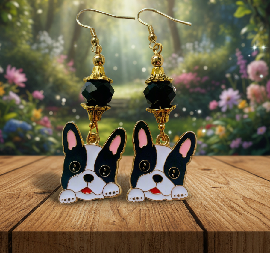Enameled Puppy Charm/Czech Glass Bead Earrings