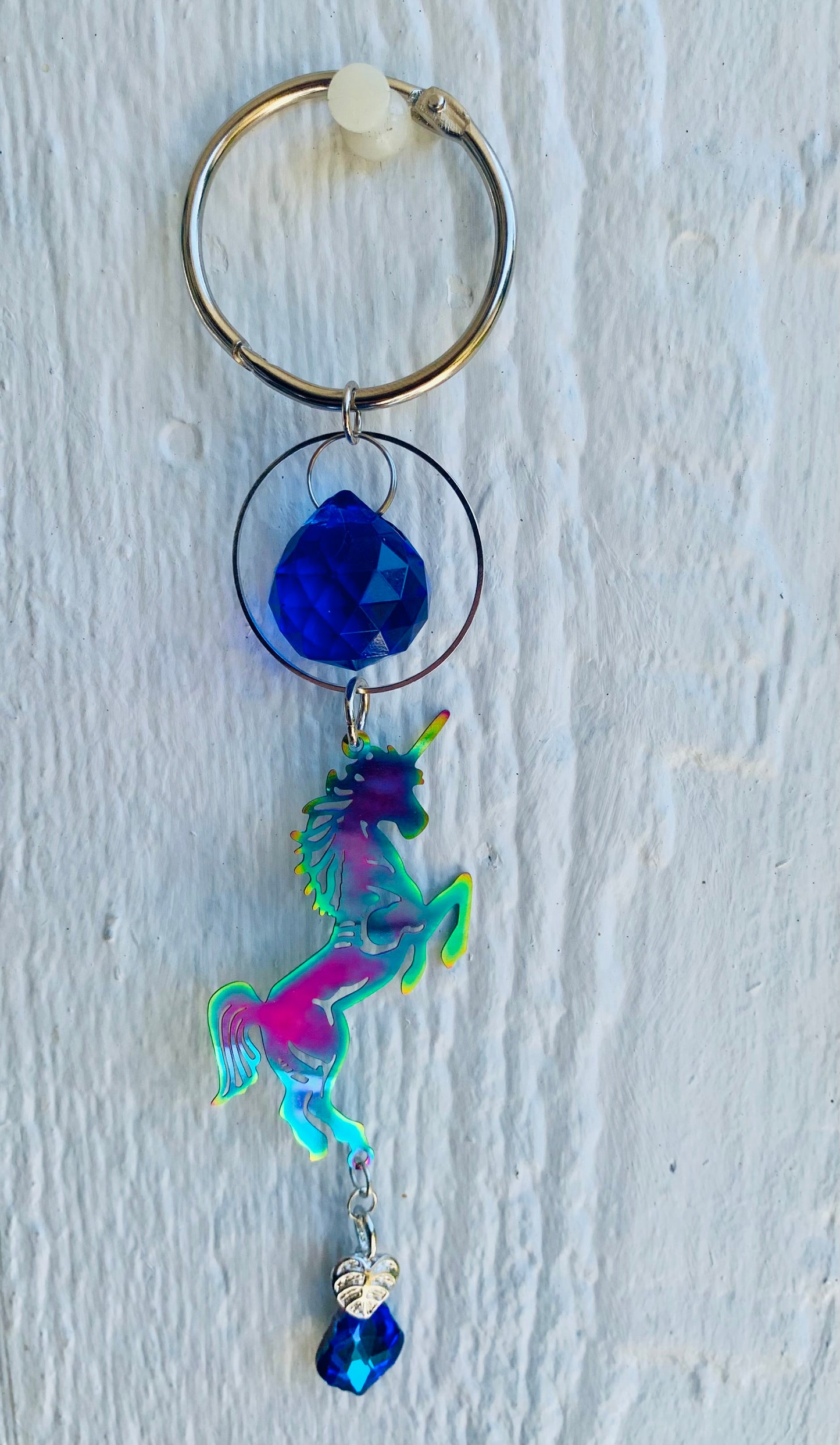Rearview Mirror SunCatcher With Cobalt Blue Crystal Ball Prism & Multi-colored Unicorn