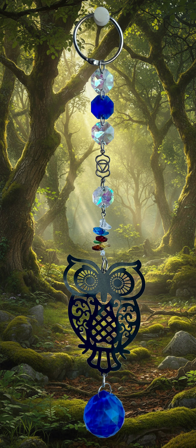 Stainless Steel Owl SunCatcher with Cobalt Blue Crystal Ball Prism
