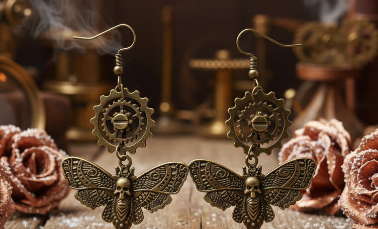 Steampunk-Inspired Bronze Death’s-Head Hawkmoth Charm Earrings
