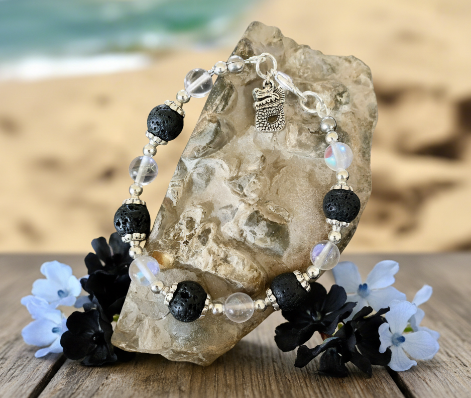 Black Lava Rock/Mermaid Glass Bracelet