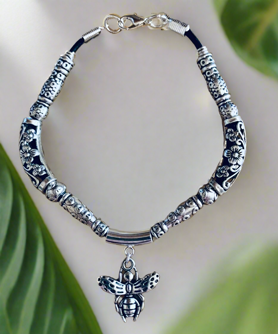 Curved/Straight Patterned Noodle Spacers/Bumblebee Charm Bracelet