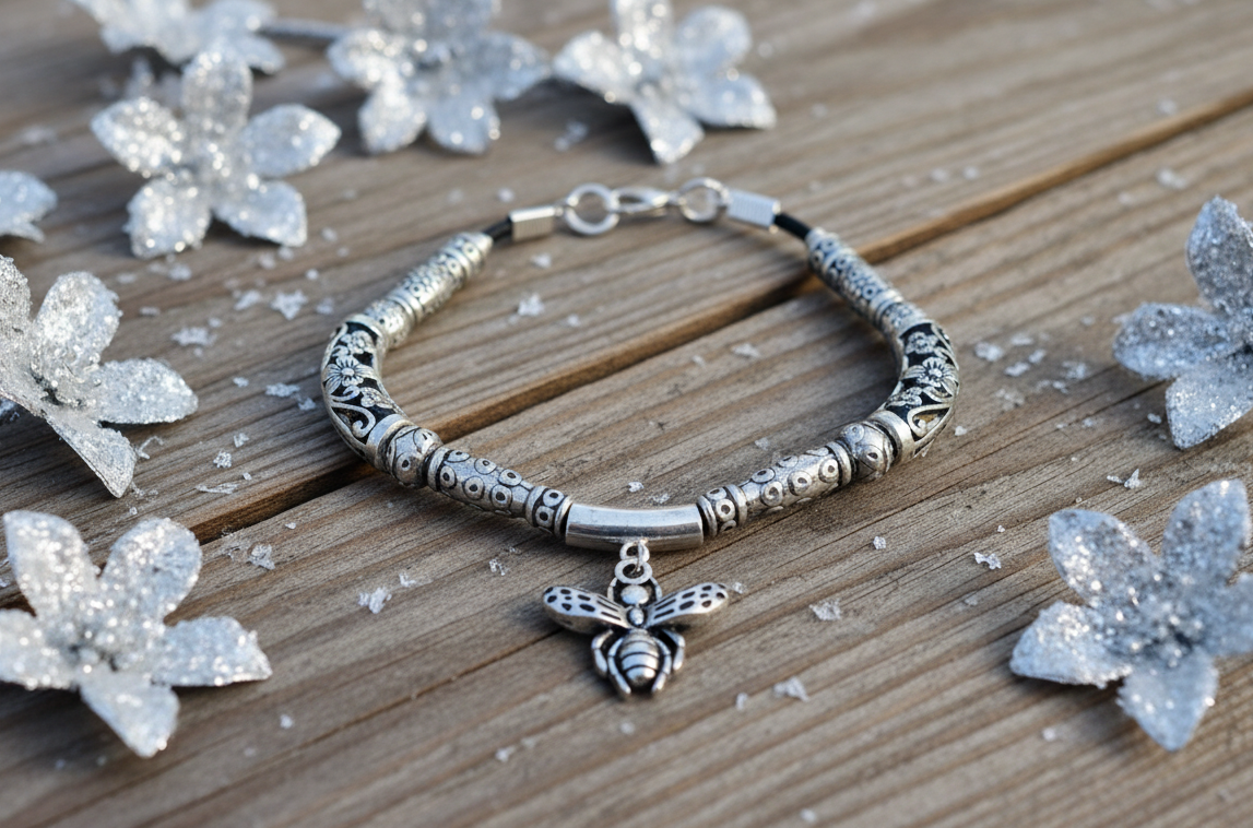 Curved/Straight Patterned Noodle Spacers/Bumblebee Charm Bracelet