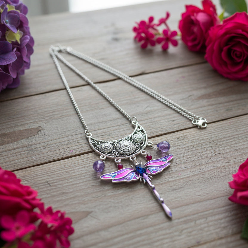 Lavender/Teal Alloy Dragonfly Pendant Necklace