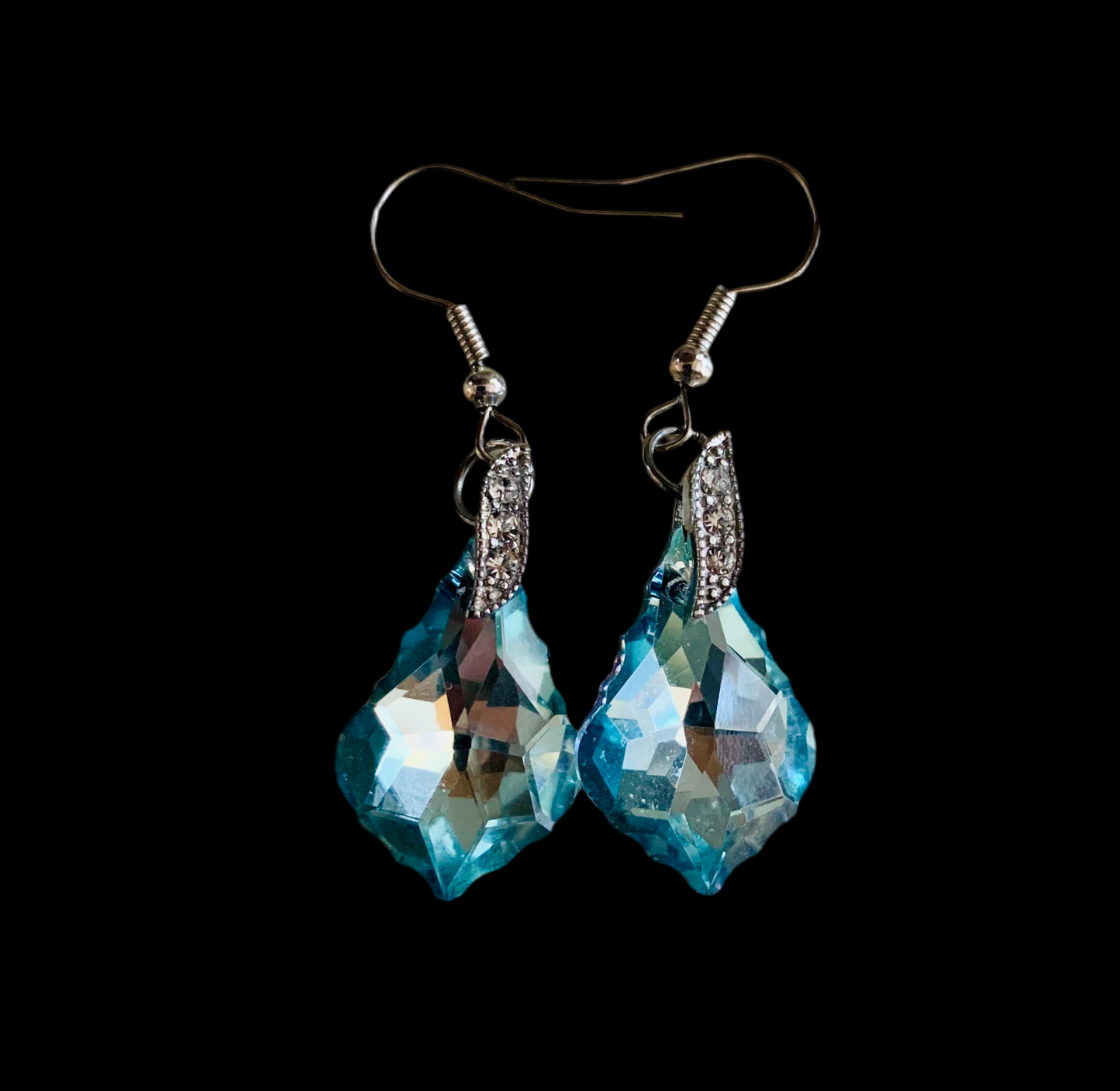 Ice-Blue Light-Reflecting Teardrop Prism Drop Earrings