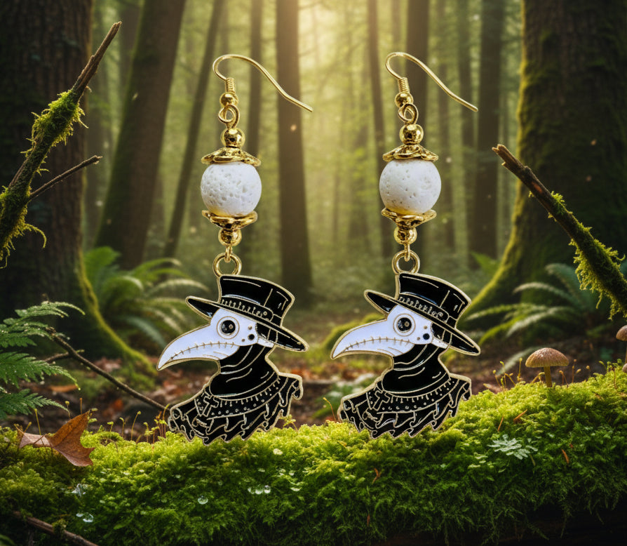 Enameled Crow/Brass Charm Earrings with Lava Rock Beads