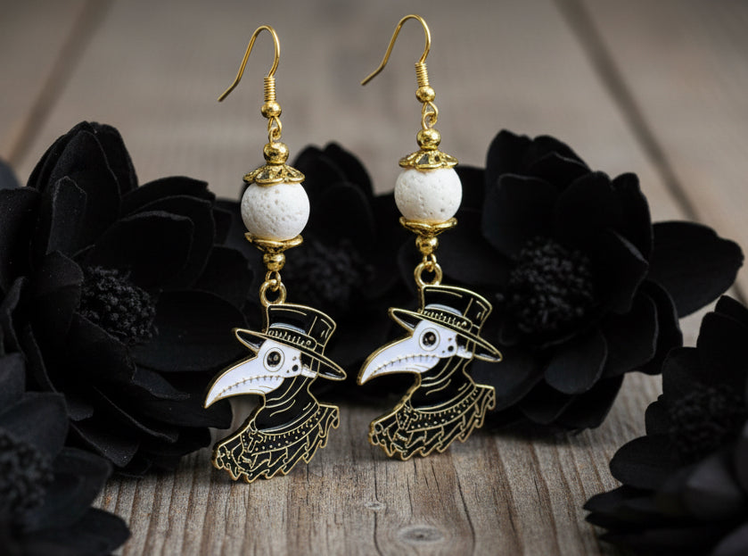 Enameled Crow/Brass Charm Earrings with Lava Rock Beads