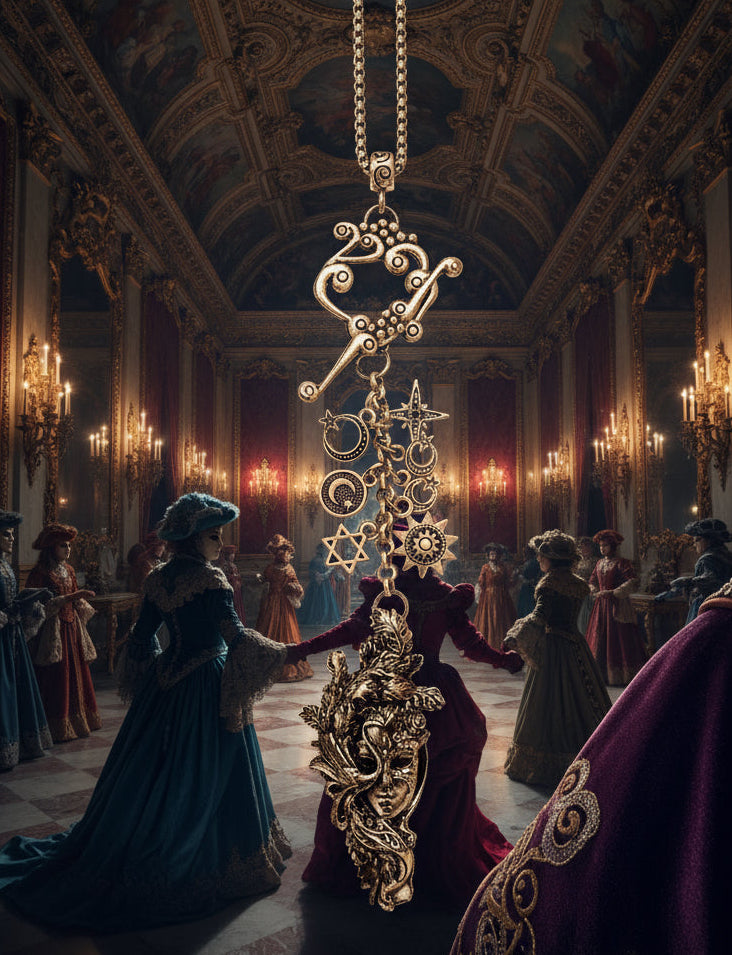 Removable Venetian Mask Pendant with Stainless Steel Charms & Patterned Toggle Clasp