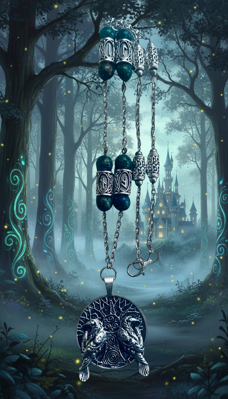 Zinc Alloy Raven/Tree of Life Pendant Necklace with Alloy Rune-Stone Spacers/Chrysocolla Beads