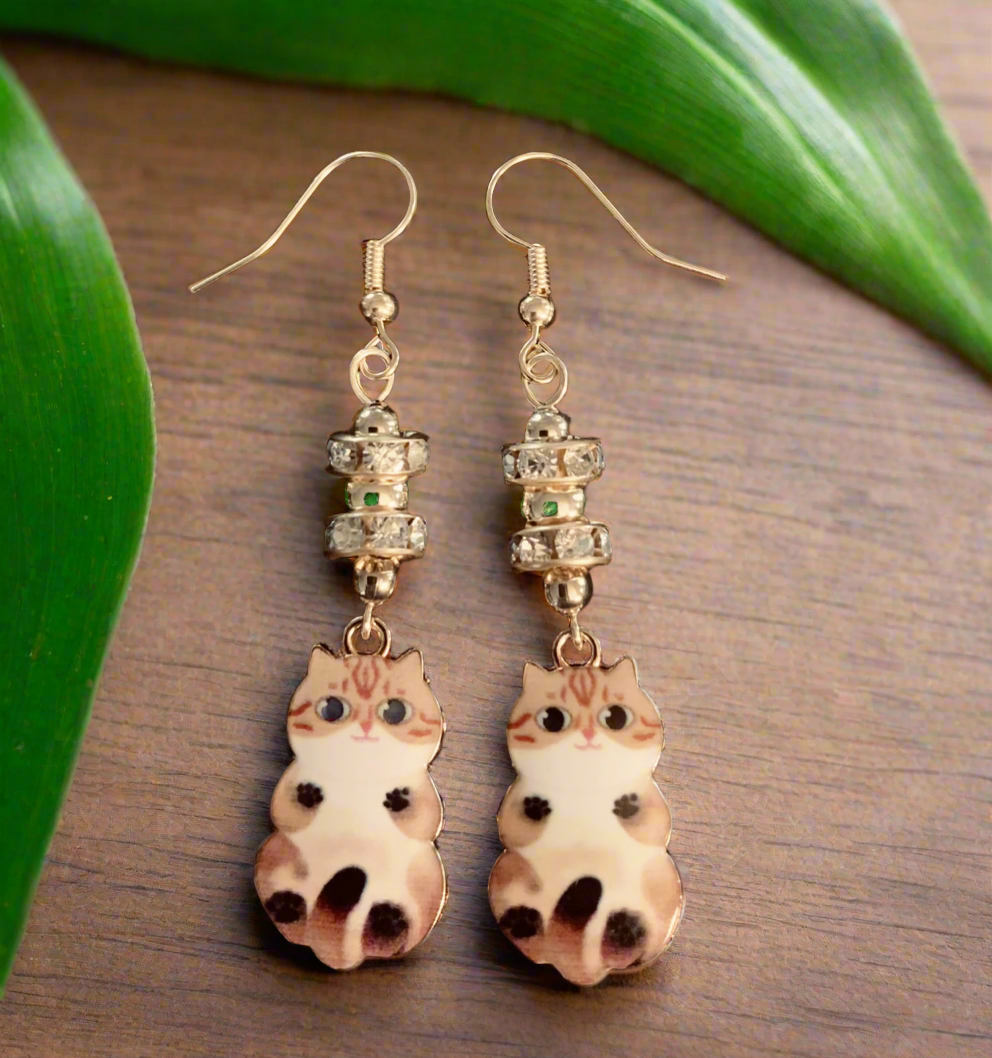 Enameled Kittycat Charm earrings with Rhinestone Caps