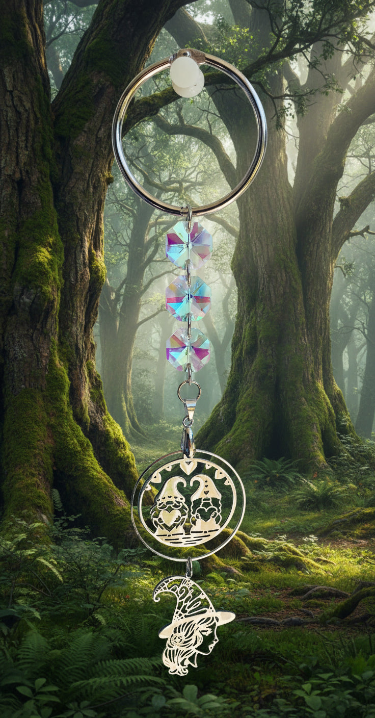 Rearview Mirror SunCatcher with Light-Reflecting Connectors & Gnome/Witchy Charms