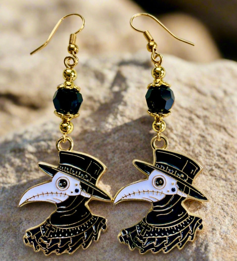 Enameled Crow Charm Earrings with Black Glass Beads