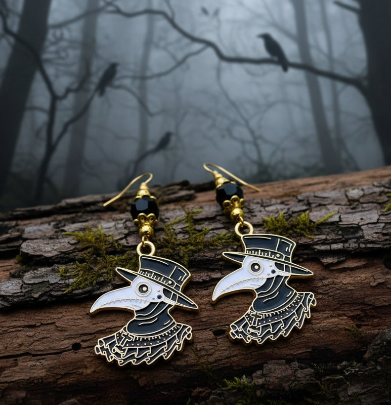 Enameled Crow Charm Earrings with Black Glass Beads