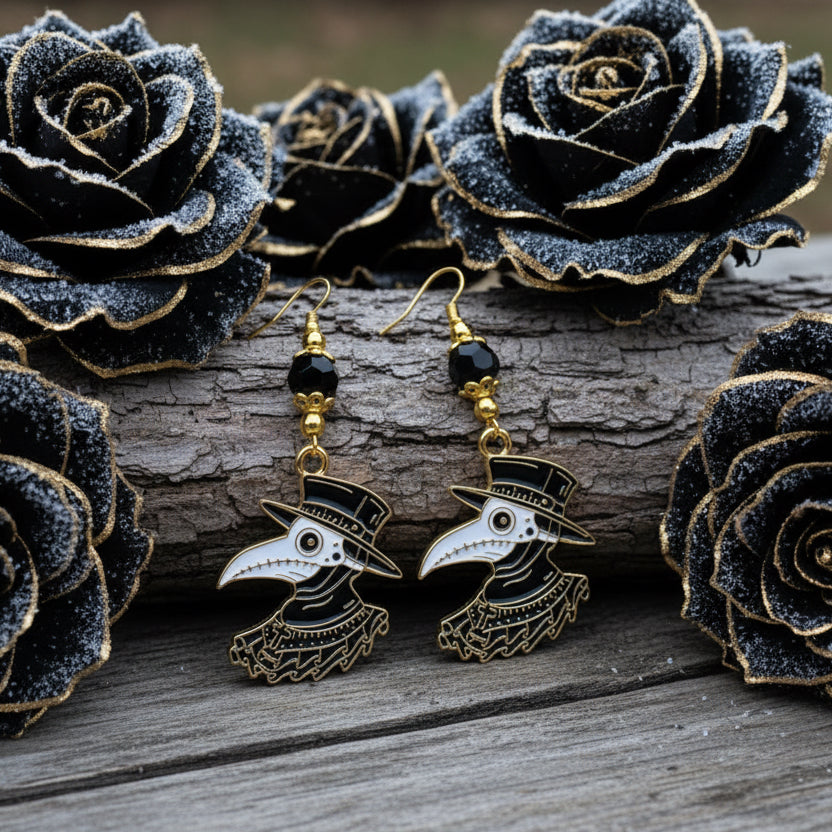 Enameled Crow Charm Earrings with Black Glass Beads