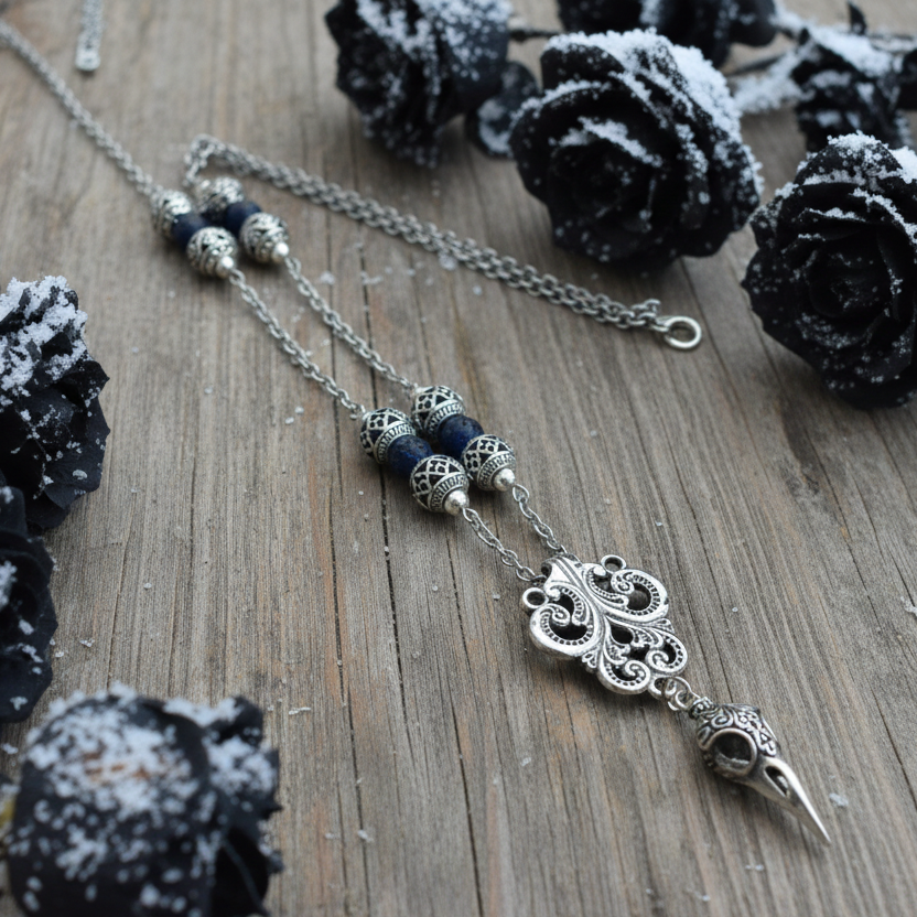 Patterned Raven Skull Pendant Necklace