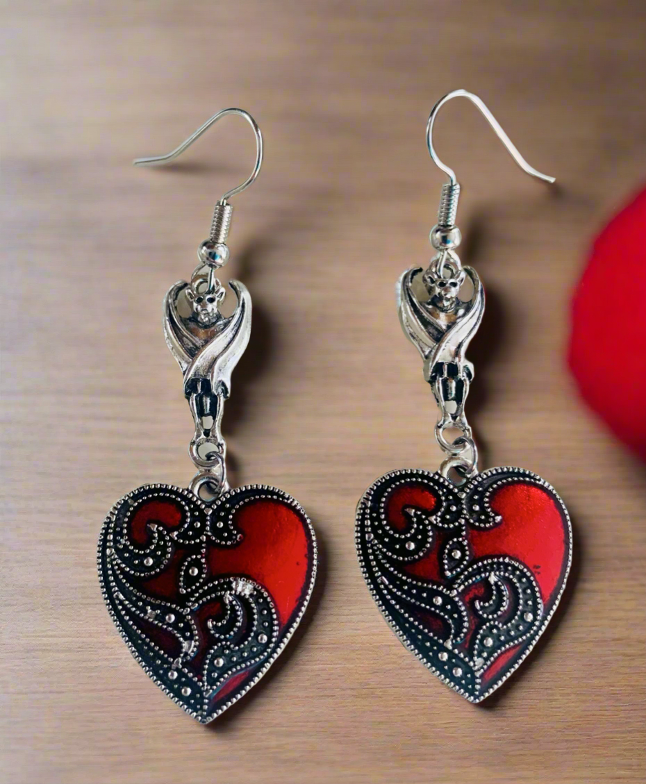 Heart Drop Earrings with Bat Connectors