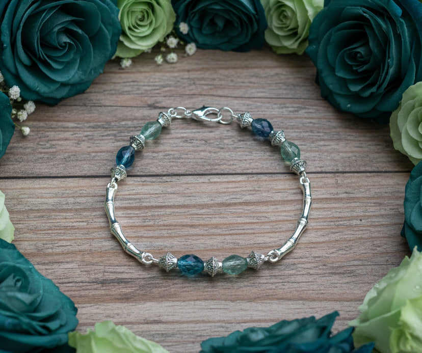 Rainbow Fluorite Gemstone Bead/Tibetan Silver Curved Connectors